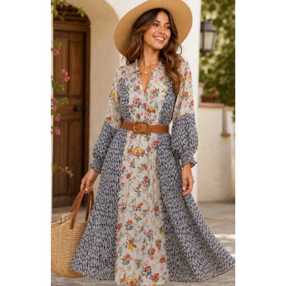 Current Air Dresses & Skirts - 5555)Current Air M Mix Print Cottagore Metallic Floral Long Sleeve Midi Dress